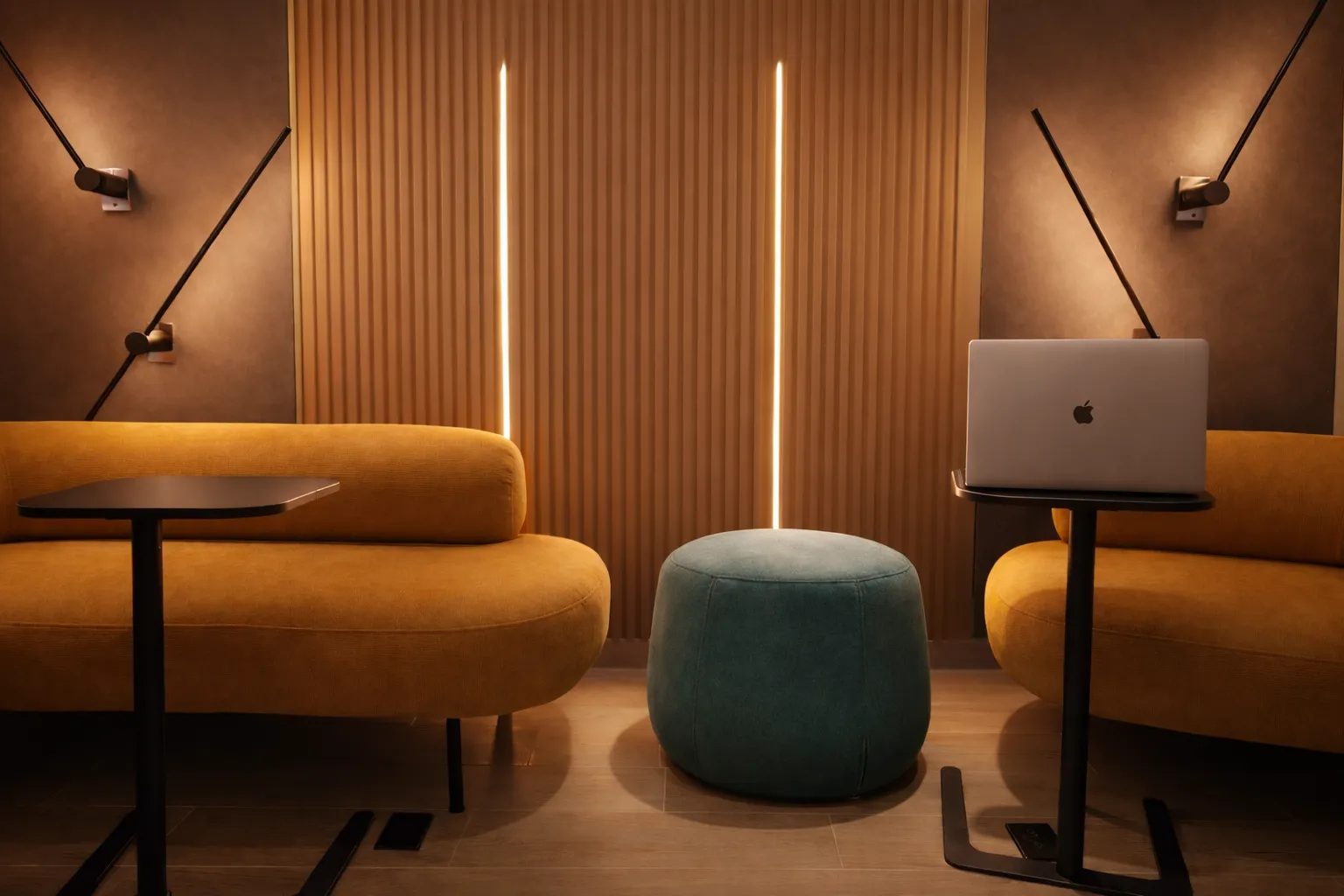 Bright and modern coworking space with plants and wooden tables