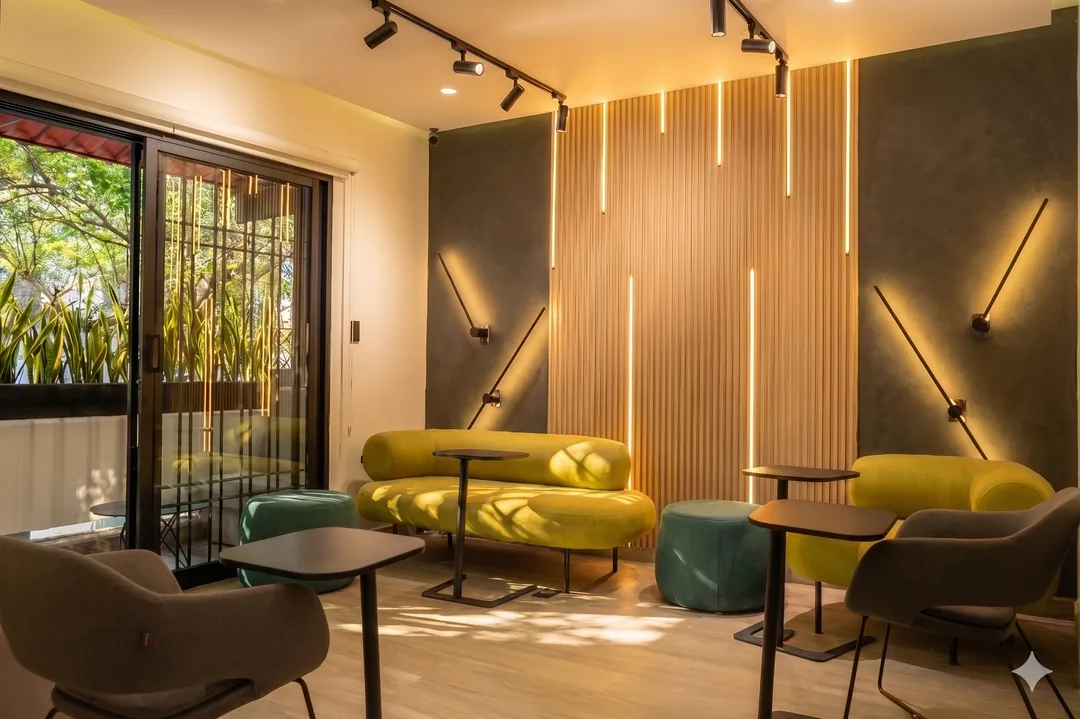 Spacious coworking area with high ceilings and natural light
